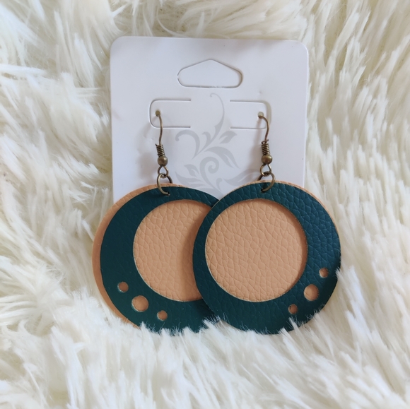 Jewelry - Faux Leather, Green and Beige Earrings